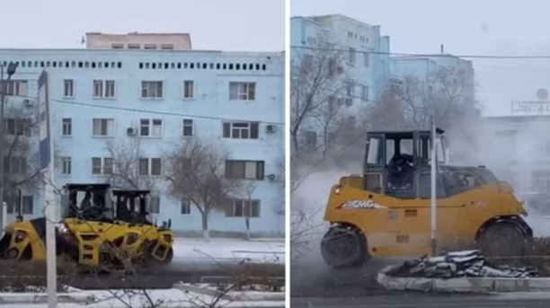 В Жанаозене рабочие на снег укладывали асфальт